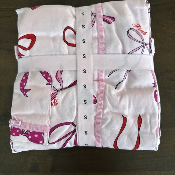 Victorias Secret PINK FLANNEL LONG PAJAMA SET Pink Tulip Bows SMALL SHORT NEW - Picture 4 of 5